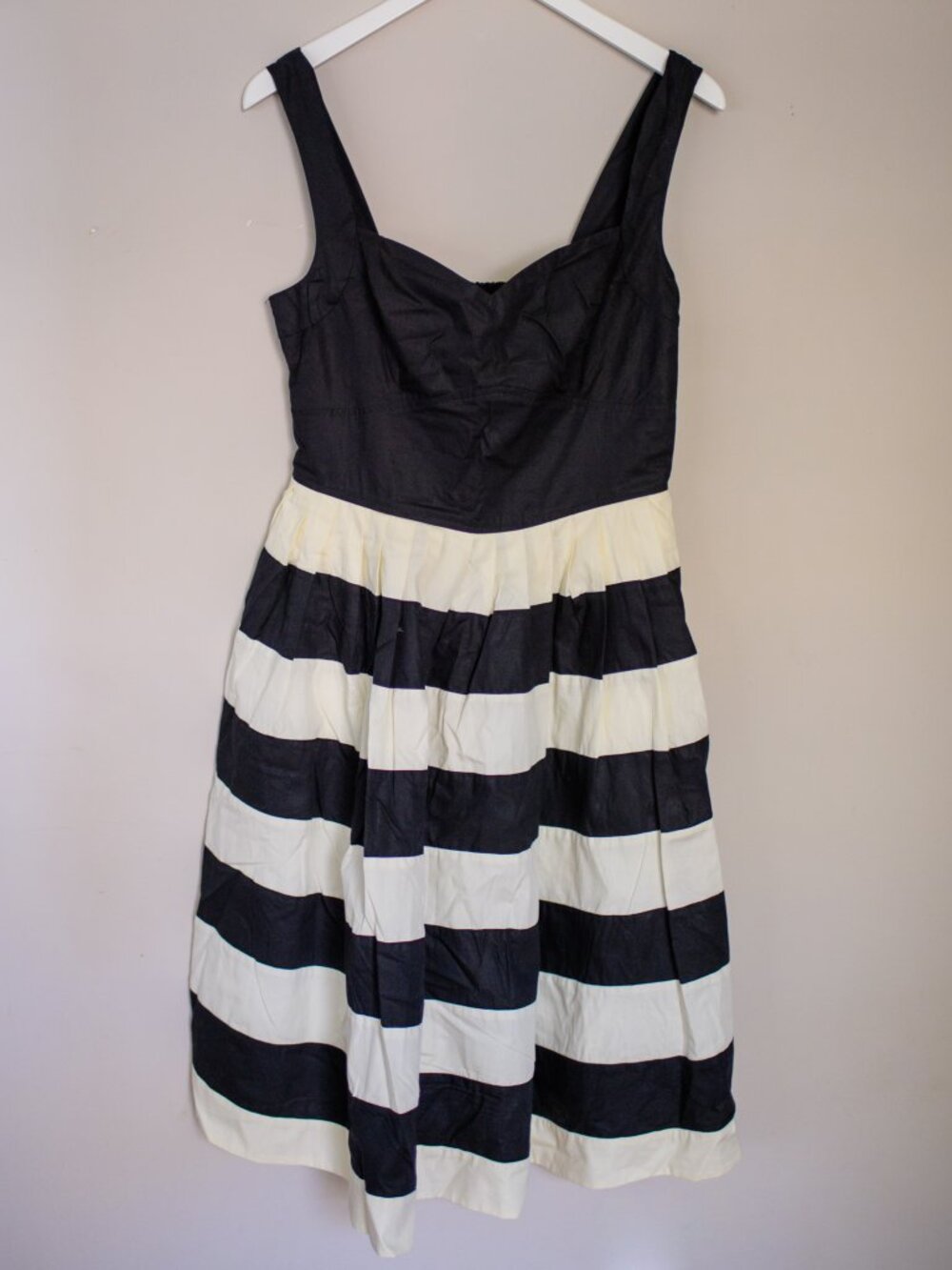 eShakti Fit and Flare Sleeveless Dress with Black and White Striped Skirt